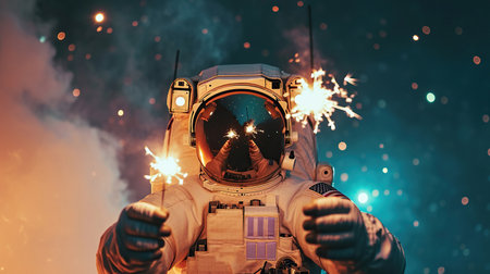 An astronaut celebrates an event with Bengal sparkler and glass of champagneの素材