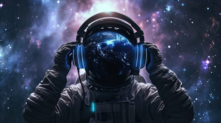 An astronaut wears music headphones in open spaceの素材