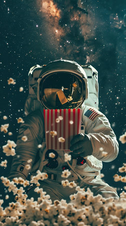Spaceman eats popcorn from paper box in open spaceの素材