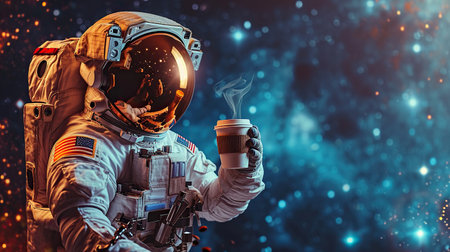 An astronaut holding a coffee drink in open spaceの素材