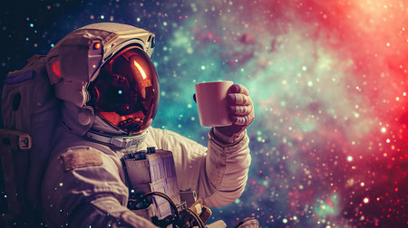 An astronaut holding a coffee drink in open spaceの素材