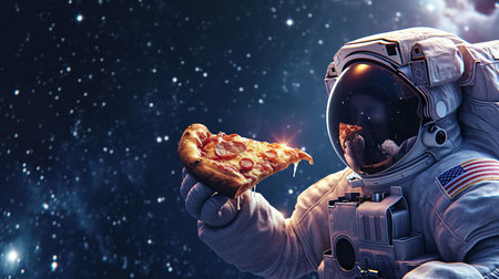Spaceman eats a piece of tasty pizza in open space backgroundの素材