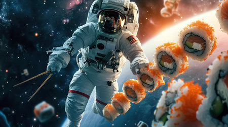An astronaut eat delicious sushi levitating in open space backgroundの素材