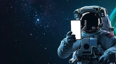 An astronaut holding smartphone with empty white screen in front of him in open spaceの素材