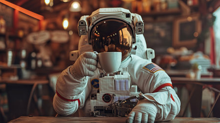 Spaceman drink a cup of coffee in coffee storeの素材