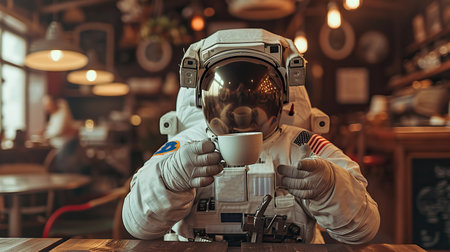 Spaceman drink a cup of coffee in coffee storeの素材