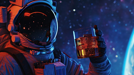 An astronaut holding a cold party drink. Event celebrationの素材