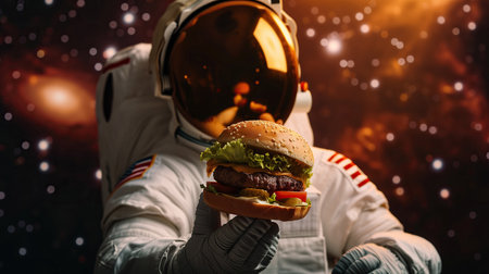 Spaceman holding in gloves a delicious hamburger in open space backgroundの素材