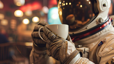 Spaceman drink a cup of coffee in coffee storeの素材