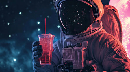 An astronaut holding a cold party drink cocktail. Event celebrationの素材