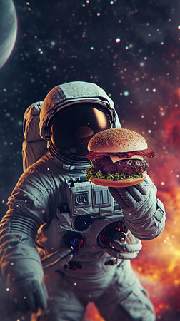 Spaceman holding in gloves a delicious hamburger in open space backgroundの素材