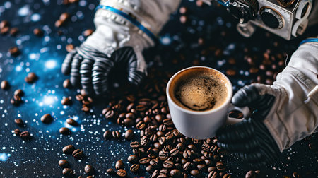 Spaceman drink a cup of coffee in coffee storeの素材