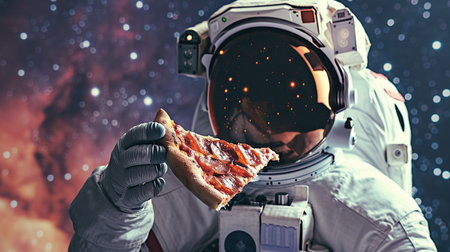 Spaceman eats a piece of tasty pizza in open space backgroundの素材