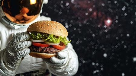 Spaceman holding in gloves a delicious hamburger in open space backgroundの素材