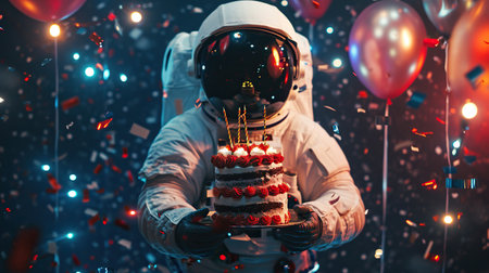 An astronaut holding in hands a birthday cake with candles. Event celebrationの素材