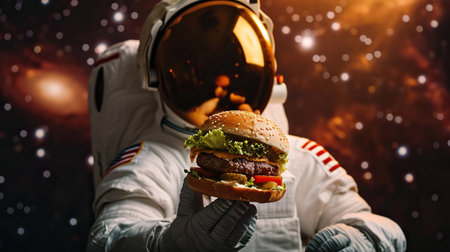 Spaceman holding in gloves a delicious hamburger in open space backgroundの素材