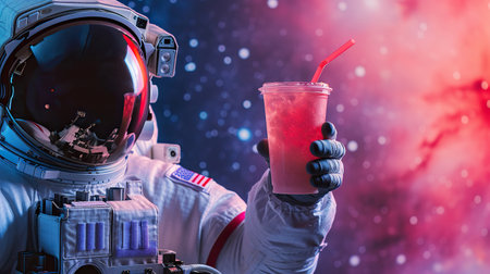 An astronaut holding a cold party drink cocktail. Event celebrationの素材