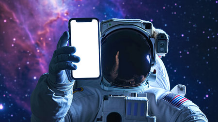 An astronaut holding smartphone with empty white screen in front of him in open spaceの素材