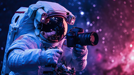 An astronaut takes photos by space camera in open space galaxyの素材