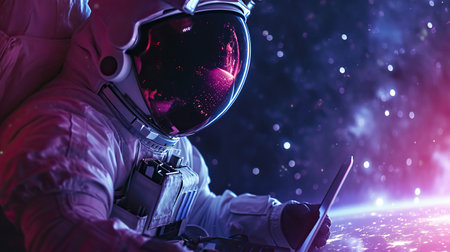An astronaut working in a laptop with space galaxy on backgroundの素材
