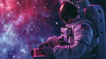 An astronaut working in a laptop with space galaxy on backgroundの素材