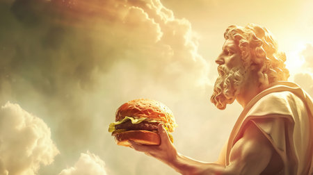A mythical god eats a delicious burger while high in the heavenly realmの素材