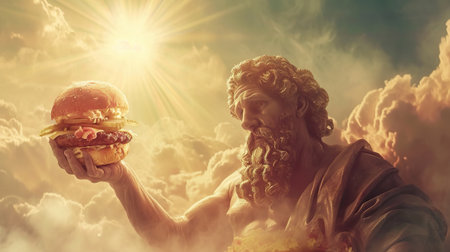 A mythical god eats a delicious burger while high in the heavenly realmの素材