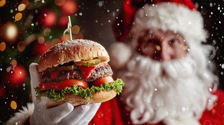Santa Claus eats delicious cheeseburger in Christmas decoration backgroundの素材