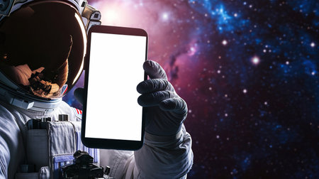 An astronaut holding smartphone with empty white screen in front of him in open spaceの素材