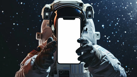 An astronaut holding smartphone with empty white screen in front of him in open spaceの素材