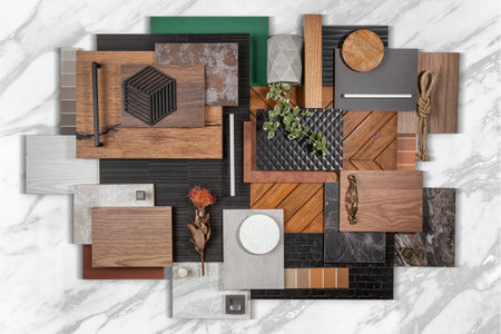 Top view composition of different types of materials for interior design and decorationの写真素材