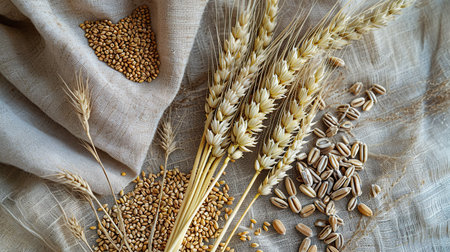 A composition of grains, cereals, and ears of wheat laid out in linen textile fabric