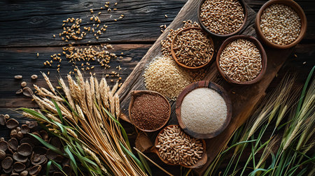 Flat Composition of Grains, seeds and cereals laid out on a wooden surfaceの素材