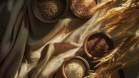 Flat Composition of Grains, seeds and cereals laid out on a wooden surfaceの素材