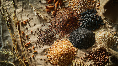 Flat Composition of Grains, seeds and cereals laid out on a textile cloth surfaceの素材
