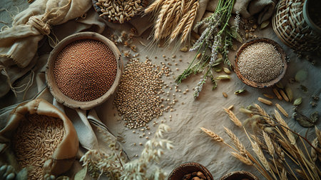 Flat Composition of Grains, seeds and cereals laid out on a linen fabric surfaceの素材