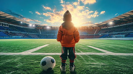 A child football player standing with ball in the middle of football field on stadiumの写真素材