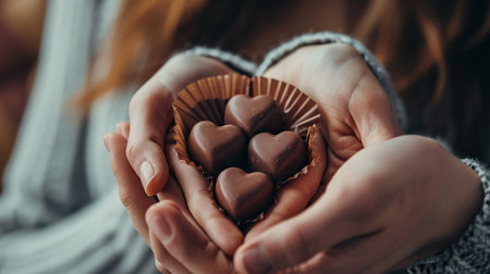 Close-up of chocolates in the hands of a coupleの素材