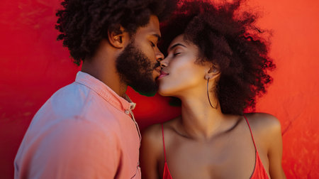 Stylish lovely couple kissing on red foggy backgroundの素材