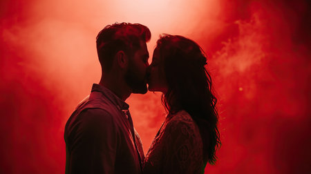 Stylish lovely couple kissing on red foggy backgroundの素材