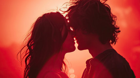 Stylish lovely couple kissing on red foggy backgroundの素材