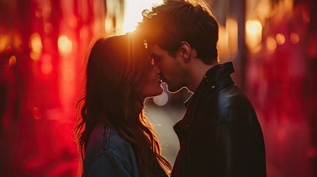 Stylish lovely couple kissing on red foggy backgroundの素材