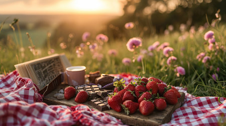 Romantic picnic with sweets, chocolate and strawberries on summer meadow sunsetの素材