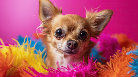 Portrait of a Chihuahua surrounded by vibrant feathered toys in pink backgroundの写真素材