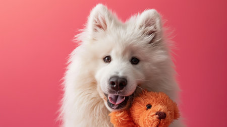A close-up portrait of a fluffy Samoyed with a vibrant pink backgroundの写真素材