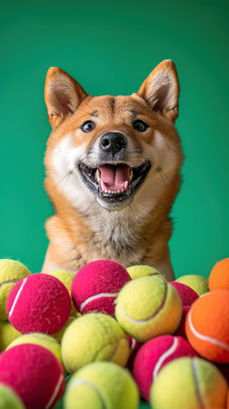 A Shiba Inu pup surrounded by colorful tennis balls in green backdropの写真素材