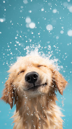 A Golden Retriever puppy joyfully shaking off water dropletsの写真素材
