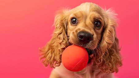 A Cocker Spaniel pup with a vibrant pink backgroundの写真素材