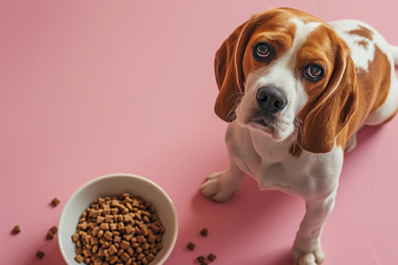 A cute Beagle looking into camera and a bowl of dog food on soft pastel backgroundの写真素材