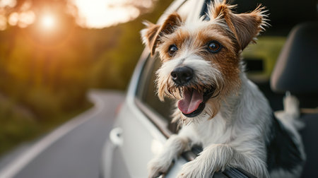 A dog sitting in a car on a seat, sticking its head out of the window